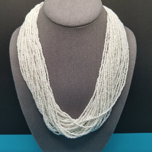 Chico's White Seed Bead Necklace, 30 Strands, Hammered Silver End Caps, 26 Inch - Picture 4 of 12